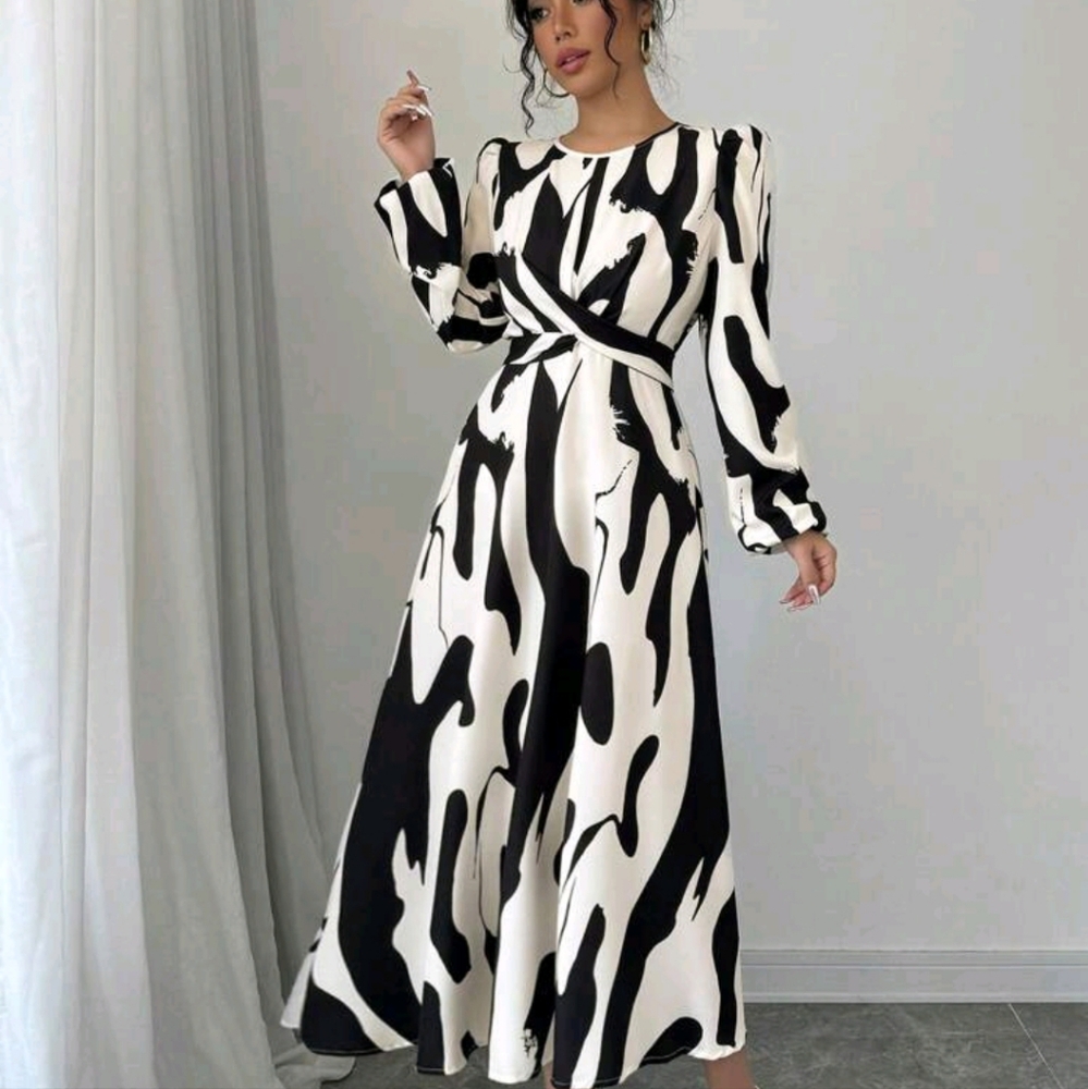Asymmetrical Print, Bow Tie, Elastic Sleeve Elegant Vacation Casual Dress For Wo - Picture 1 of 3
